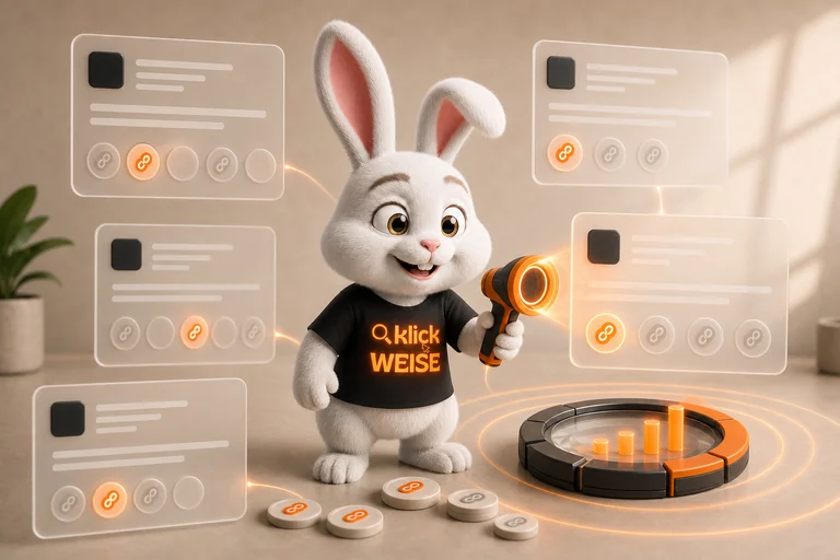 Klickweise-Maskottchen visualisiert KI-Nennungsrate in einer eigenständigen Mess- und Analyseszene.